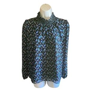 J. Crew Floral Smocked Neck Long Sleeve Blouse XS Black Blue Green